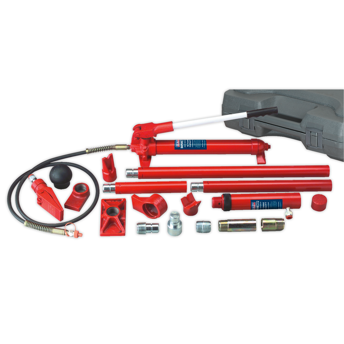 A red Sealey Hydraulic Body Repair Kit 10 Tonne SuperSnap® Type - RE83/10 and various high-quality steel attachments are laid out in front of a grey carrying case.