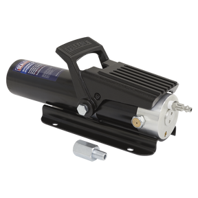 Image of the Sealey Air Hydraulic Pump 10 Tonne - RE83/840, featuring a black and silver design with a handle and detachable fitting, paired with an air hose, all set against a white background.