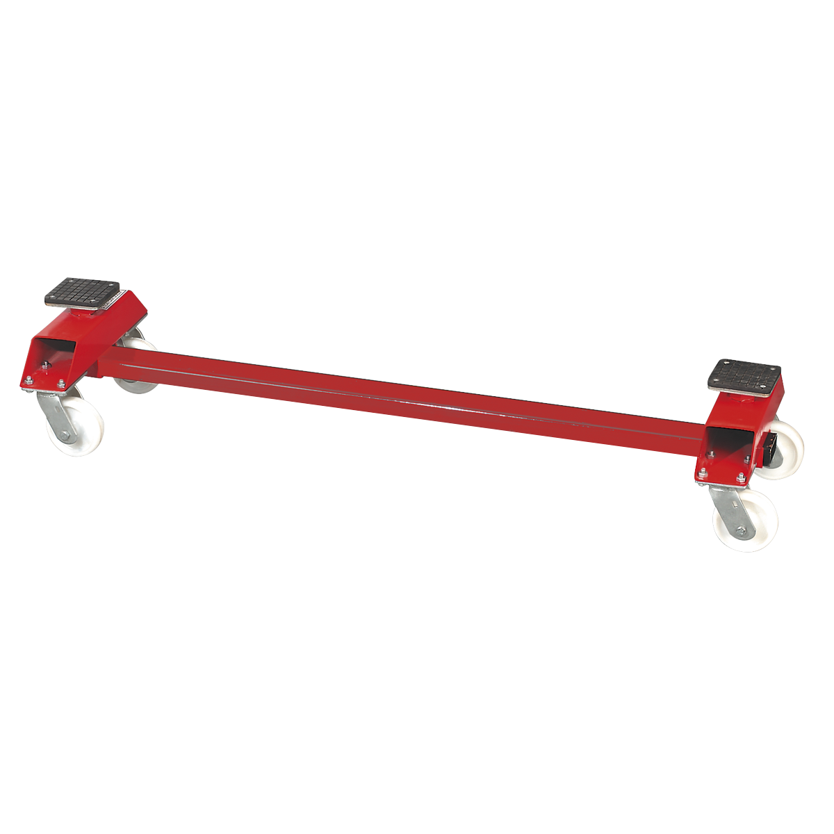 The Sealey Transportacar Trolley Economy Model RE89, with a 2-tonne capacity, is a red metal dolly designed with a sturdy steel frame. It features two swiveling nylon castors and two fixed castors, making it perfect for moving heavy objects in the workshop.