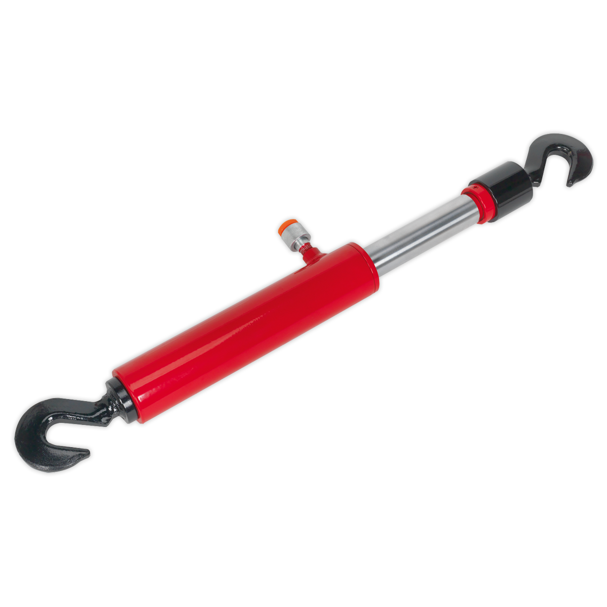 The Sealey Pull Ram 5 Tonne - RE91/05 hydraulic cylinder features a red body, black chain hooks on both ends, and a silver piston rod.