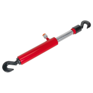 The Sealey Pull Ram 5 Tonne - RE91/05 hydraulic cylinder features a red body, black chain hooks on both ends, and a silver piston rod.