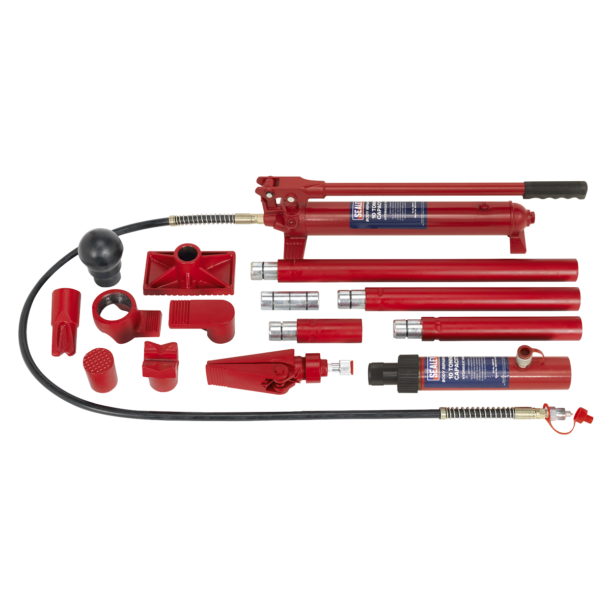 A Sealey Hydraulic Body Repair Kit 10 Tonne Snap Type (RE97/10), featuring a red pump with snap-together attachments, a heavy gauge pipework system, and assorted accessories, laid out on a white background.