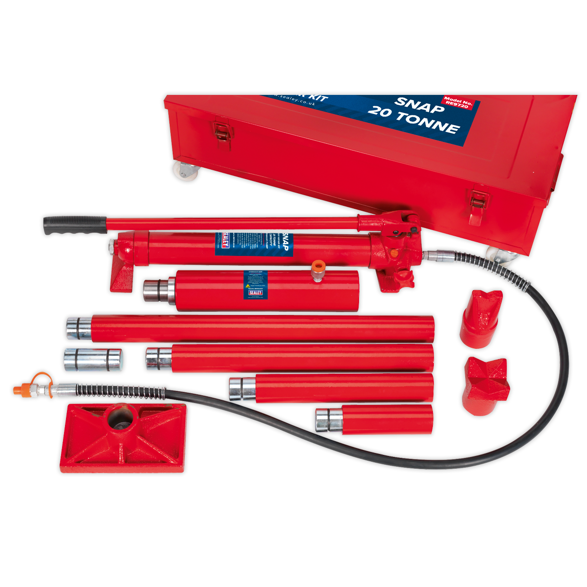 The Sealey Hydraulic Body Repair Kit 20 Tonne Snap Type - RE9720 is a red hydraulic tool kit featuring a snap-together design with various components, including a 20-tonne pump and hydraulic ram, all organized inside a matching red case.