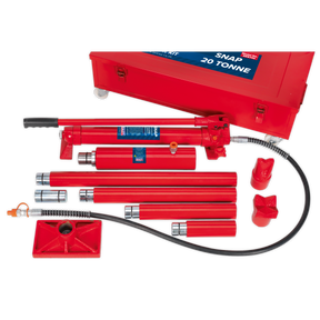 The Sealey Hydraulic Body Repair Kit 20 Tonne Snap Type - RE9720 is a red hydraulic tool kit featuring a snap-together design with various components, including a 20-tonne pump and hydraulic ram, all organized inside a matching red case.