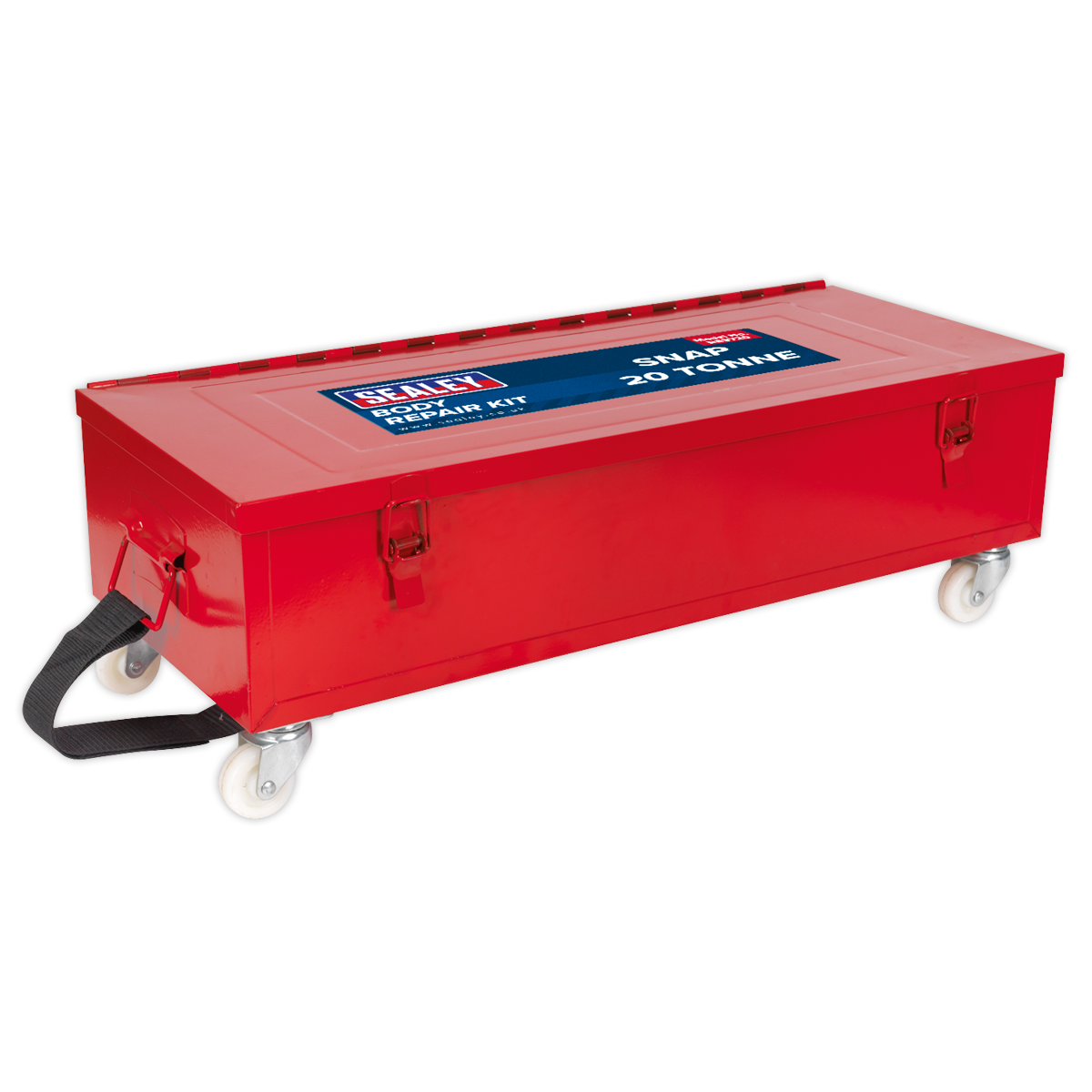 A red steel Sealey Hydraulic Body Repair Kit 20 Tonne Snap Type - RE9720, complete with a hydraulic ram, wheels, and a handle for easy mobility.