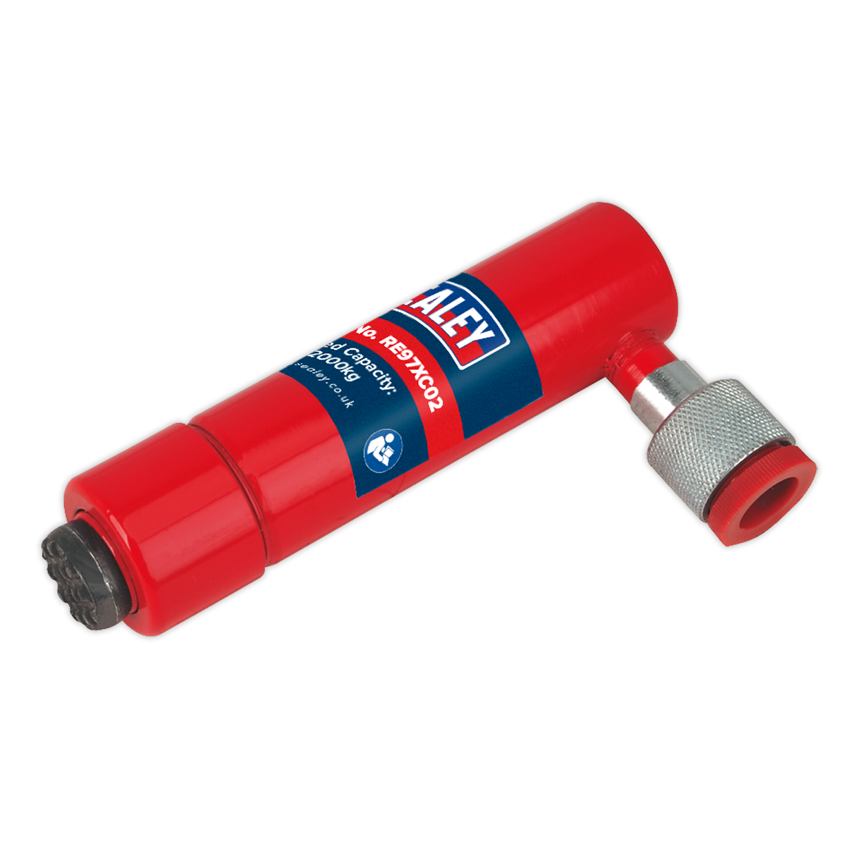 Push Ram - Compact 2 Tonne - RE97XC02 by Sealey, featuring a red CO2 inflator with a textured silver nozzle and a black hexagonal cap, perfect for industrial applications.