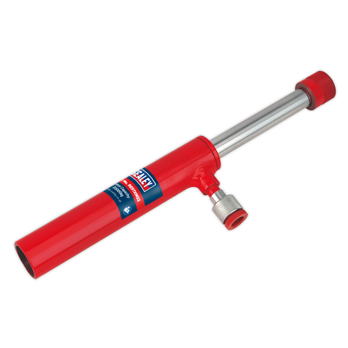 Image of the Sealey Pull Ram - Mini 2 Tonne - RE97XM02, featuring a red manual air pump with a metal handle, gauge attachment, and High Flow Coupler.