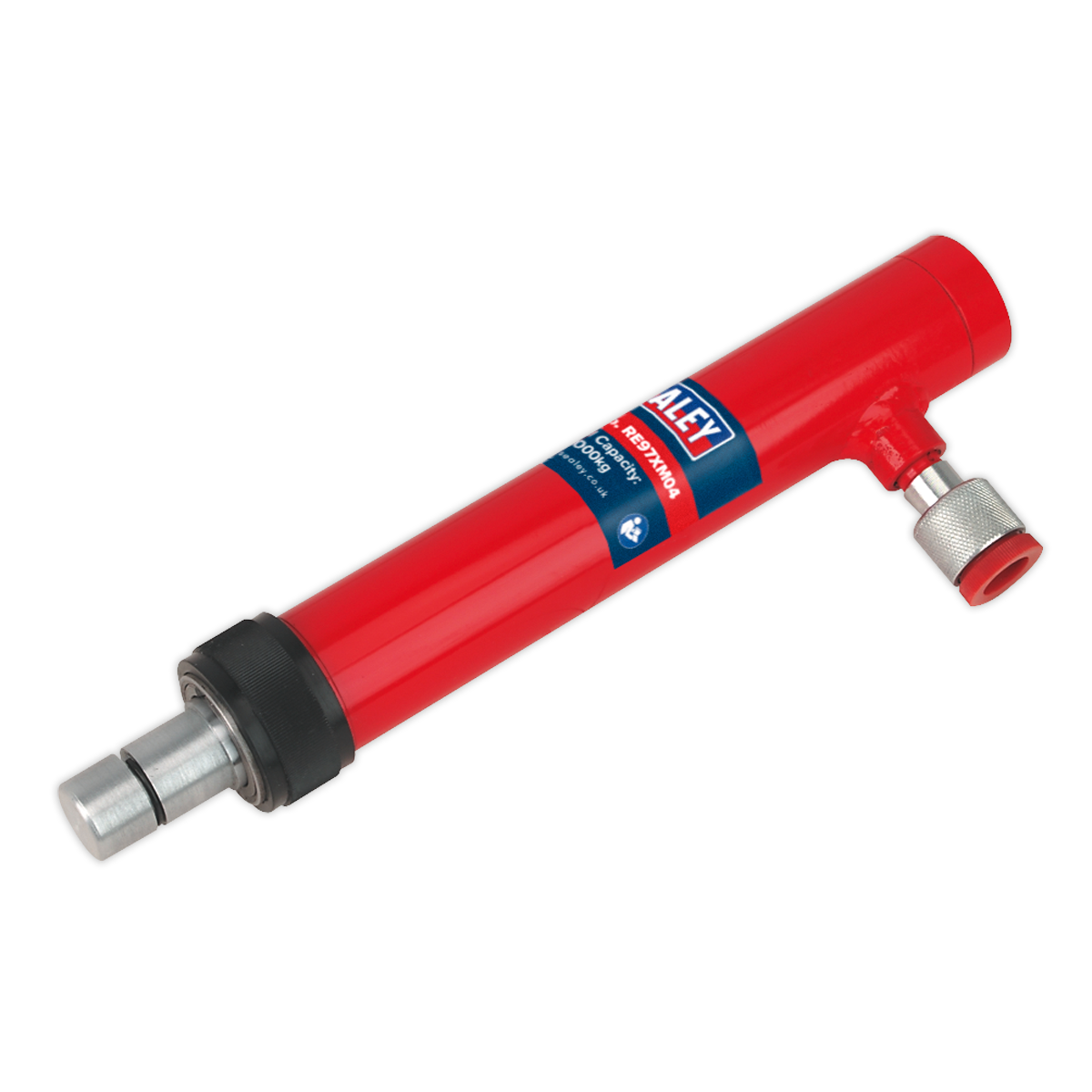 A Sealey Push Ram - Midi 4tonne (model RE97XM04) in red, featuring a metal tip and a labeled blue and white sticker that reads "LINEY" and "POWERPAIR Hydraulic Cylinder," is perfect for use with body repair kits.