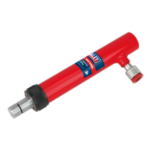 A Sealey Push Ram - Midi 4tonne (model RE97XM04) in red, featuring a metal tip and a labeled blue and white sticker that reads "LINEY" and "POWERPAIR Hydraulic Cylinder," is perfect for use with body repair kits.