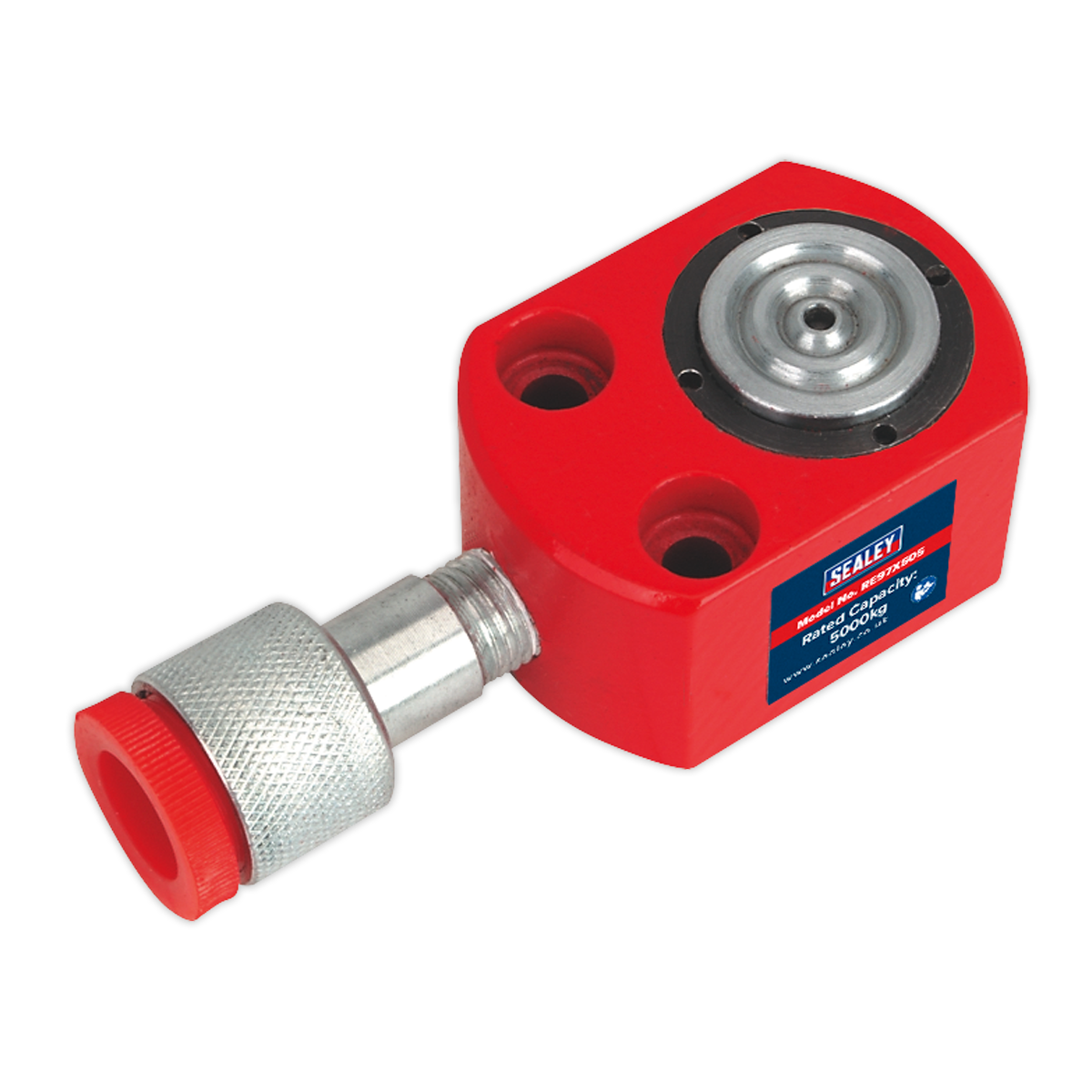 The Sealey Push Ram - Short 5 tonne (RE97XS05) is a red hydraulic male connector that features a silver threaded end, a circular metal component on the body, and polyurethane seals, specifically designed for high-pressure applications.