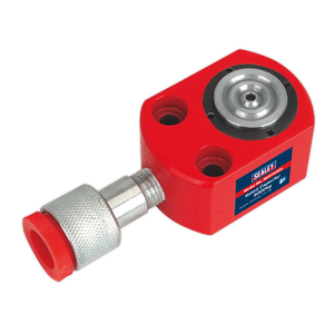 The Sealey Push Ram - Short 5 tonne (RE97XS05) is a red hydraulic male connector that features a silver threaded end, a circular metal component on the body, and polyurethane seals, specifically designed for high-pressure applications.