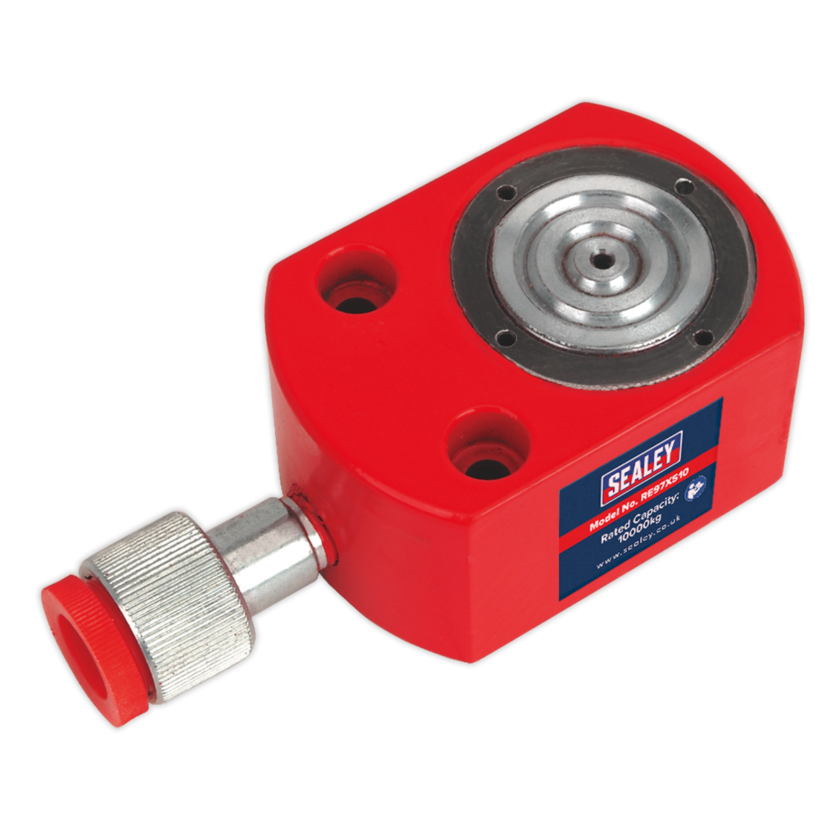 The Push Ram - Short 10tonne - RE97XS10 by Sealey is a red hydraulic hand pump featuring a metal rotary knob and an exceptionally short collapsed height.