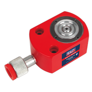 The Push Ram - Short 10tonne - RE97XS10 by Sealey is a red hydraulic hand pump featuring a metal rotary knob and an exceptionally short collapsed height.