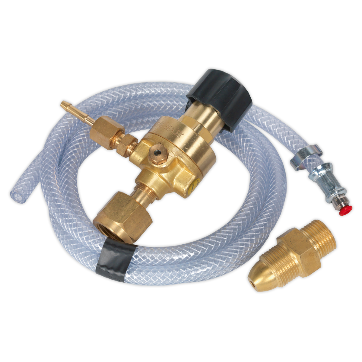 A clear flexible hose, similar to small-bore hosing, is attached to a brass valve assembly with a black knob and includes additional brass fittings and a small metal component with a red tip from the Sealey MIG Gas Regulator Kit No Gauge Regulator Industrial - REG/KIT/MZ.