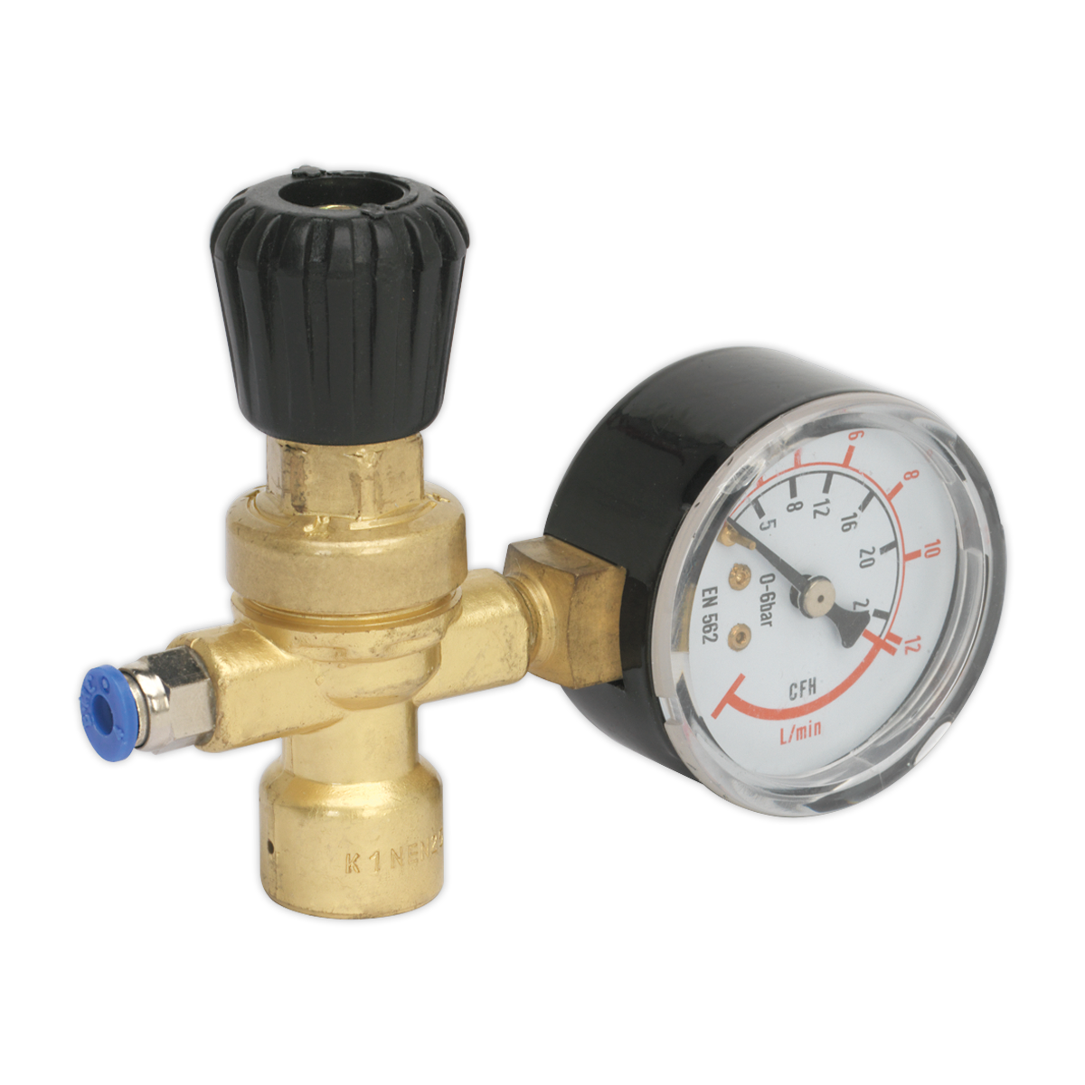 A brass industrial regulator named the MIG Gas Regulator Disposable Cylinder 1-Gauge (REG/MMG) by Sealey, featuring a black adjustment knob and a circular pressure gauge displaying measurements in PSI and cubic feet per minute (CFM), suitable for CO2/Argon mix gas cylinders.