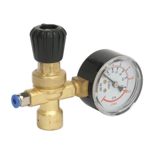 A brass industrial regulator named the MIG Gas Regulator Disposable Cylinder 1-Gauge (REG/MMG) by Sealey, featuring a black adjustment knob and a circular pressure gauge displaying measurements in PSI and cubic feet per minute (CFM), suitable for CO2/Argon mix gas cylinders.