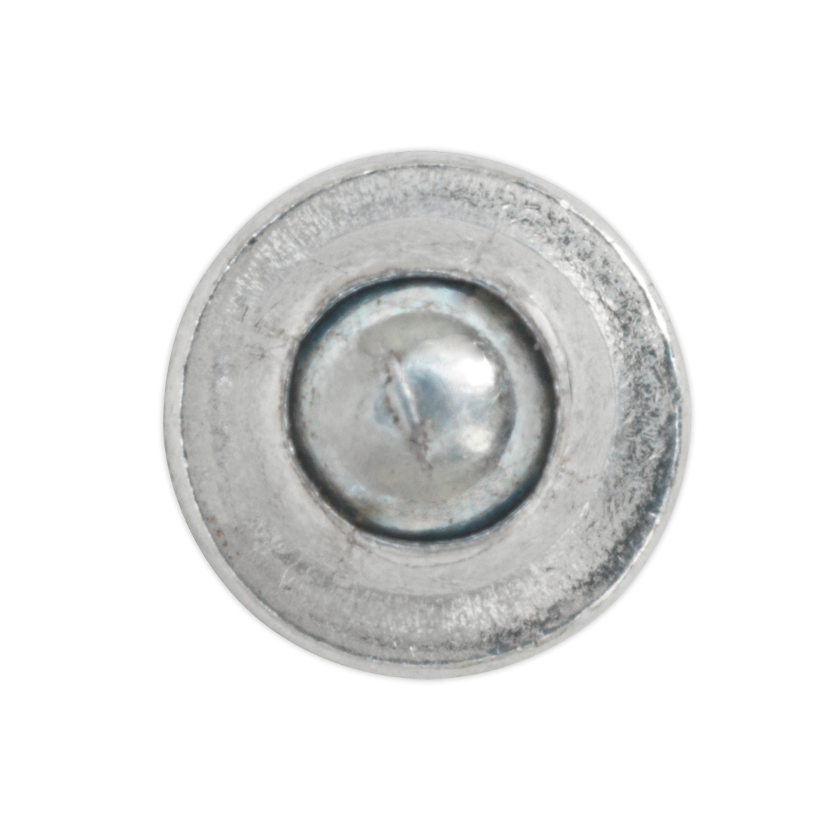 Close-up view of a metallic bolt head with a circular shape and central indentation, resembling the design found in Sealey's Aluminium Blind Rivet Standard Flange 6.4 x 19.5mm Pack of 200 - RB6419S5.