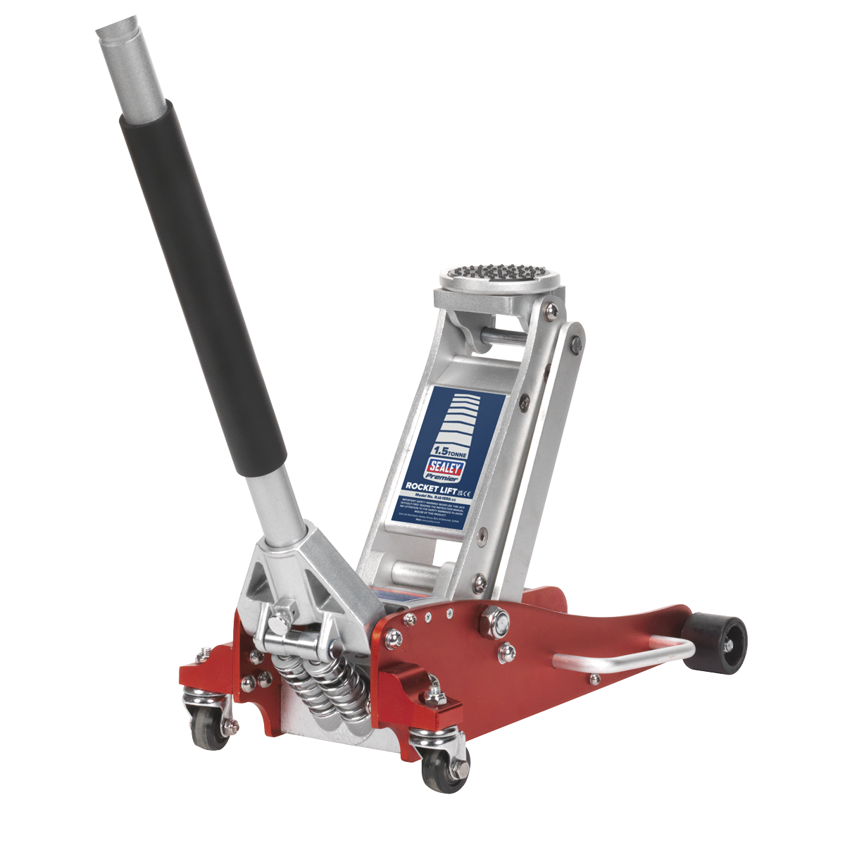 The Sealey Trolley Jack 1.5 Tonne Low Profile Aluminium Rocket Lift - RJA1550 is a red and silver hydraulic floor jack with a black handle and caster wheels, designed with a low profile lifting range and twin piston rocket lift for efficiently lifting vehicles.