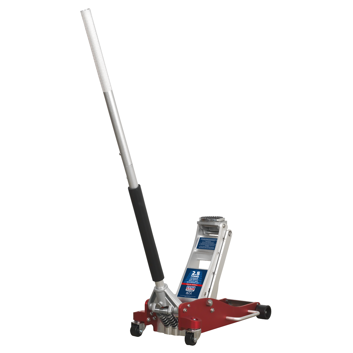 The Sealey Trolley Jack 2.5 Tonne Low Profile Aluminium Rocket Lift - RJA2500 is a lightweight, red and silver hydraulic floor jack that includes a long handle with a padded area for comfort, and features wheels for mobility. This jack also boasts a low profile lifting range and displays its weight capacity prominently.