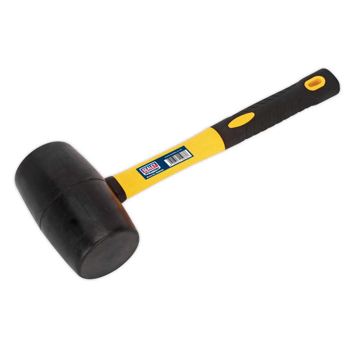 A black rubber mallet with a yellow and black handle, featuring a barcode sticker. This general-purpose Rubber Mallet 2lb with Fibreglass Shaft - RMB200 from Sealey boasts a durable fibreglass shaft for added strength.