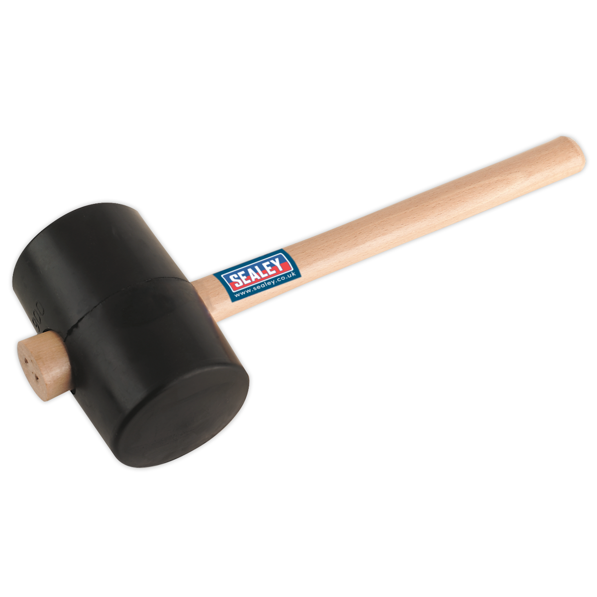 Introducing the Sealey Rubber Mallet 2.5lb Black - RMB250 from the Premier Hand Tools range, featuring a wooden handle and "Sealey" brand label. This general-purpose mallet comes with a lifetime guarantee.