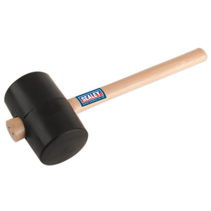 Introducing the Sealey Rubber Mallet 2.5lb Black - RMB250 from the Premier Hand Tools range, featuring a wooden handle and "Sealey" brand label. This general-purpose mallet comes with a lifetime guarantee.