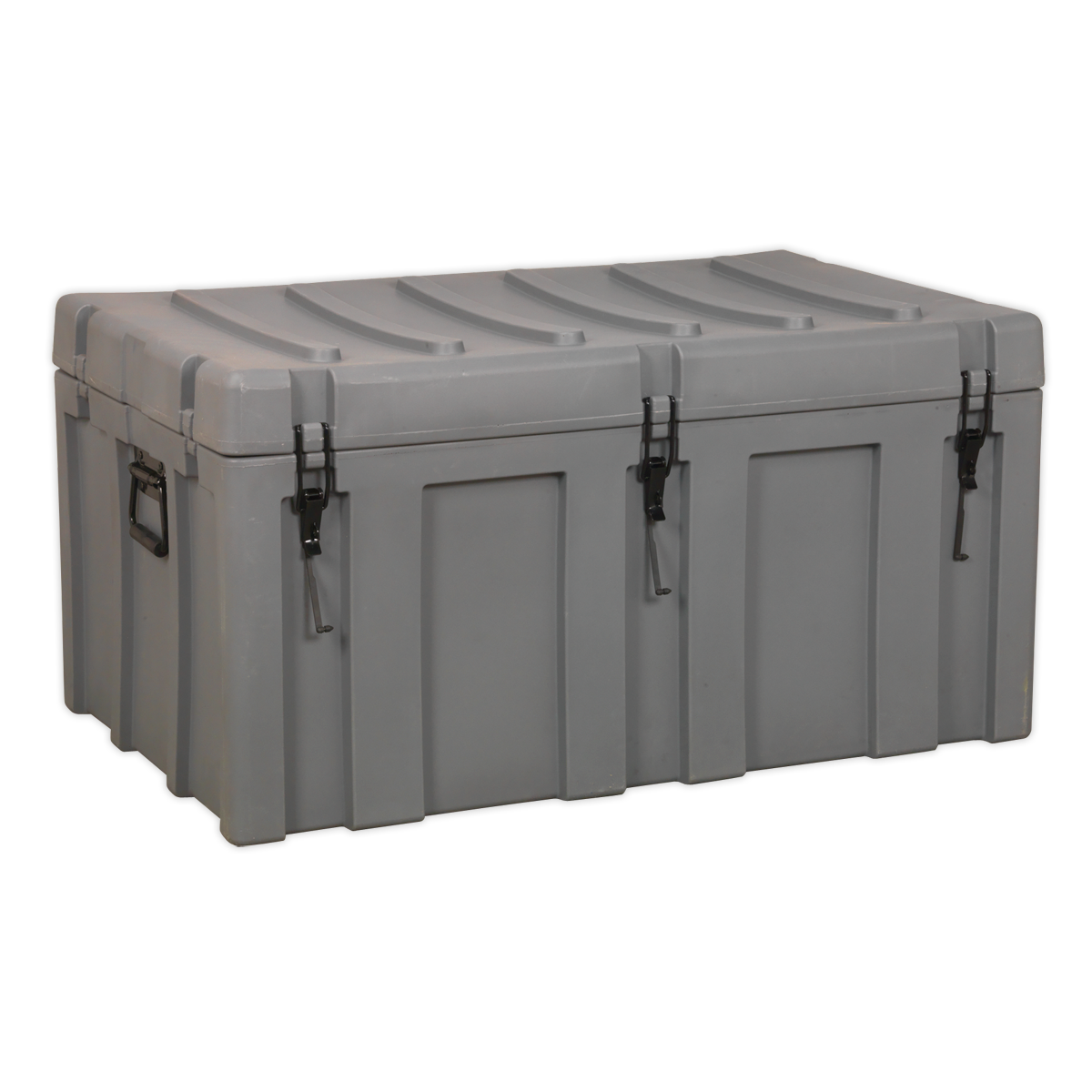 The Sealey Cargo Storage Case 1020mm - RMC1020 is a large, rectangular gray case made of heavy-duty polypropylene. It features two metal latches and two side handles, ensuring secure tool storage. This case is also water and dust tight, guaranteeing your tools stay protected.