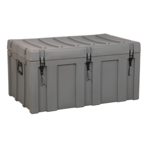 The Sealey Cargo Storage Case 1020mm - RMC1020 is a large, rectangular gray case made of heavy-duty polypropylene. It features two metal latches and two side handles, ensuring secure tool storage. This case is also water and dust tight, guaranteeing your tools stay protected.