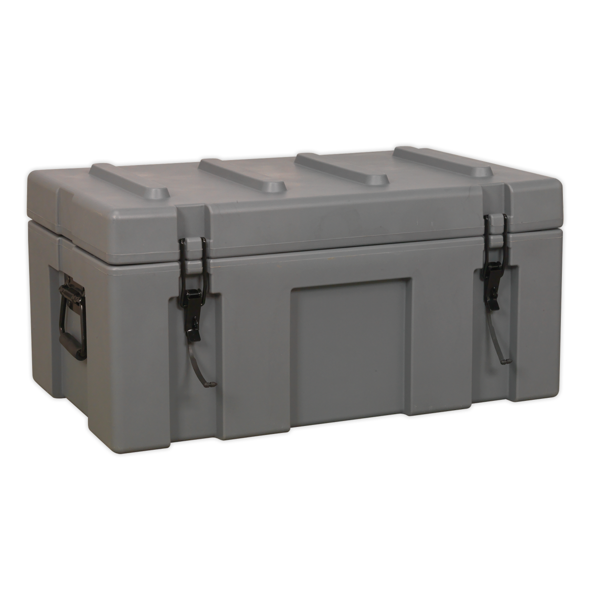 The Sealey Cargo Storage Case 710mm - RMC710 is a heavy-duty gray polypropylene container equipped with metal latches and side handles, providing water- and dust-tight safe storage.