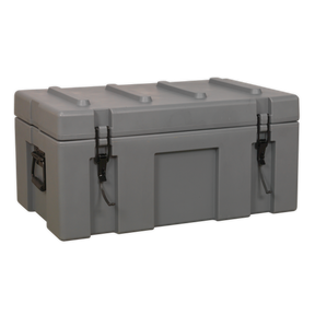 The Sealey Cargo Storage Case 710mm - RMC710 is a heavy-duty gray polypropylene container equipped with metal latches and side handles, providing water- and dust-tight safe storage.