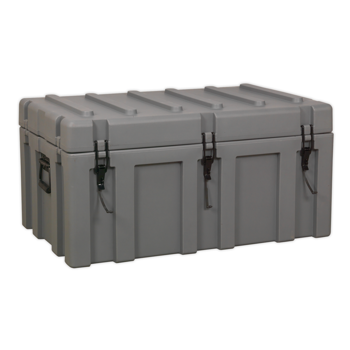 The Sealey Cargo Storage Case 870mm - RMC870 is a large, grey, rectangular, heavy-duty container featuring four front latches and a ribbed reinforced lid. This impact-resistant, rotationally moulded case provides water and dust tight sealing for ultimate protection.