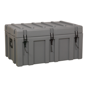 The Sealey Cargo Storage Case 870mm - RMC870 is a large, grey, rectangular, heavy-duty container featuring four front latches and a ribbed reinforced lid. This impact-resistant, rotationally moulded case provides water and dust tight sealing for ultimate protection.