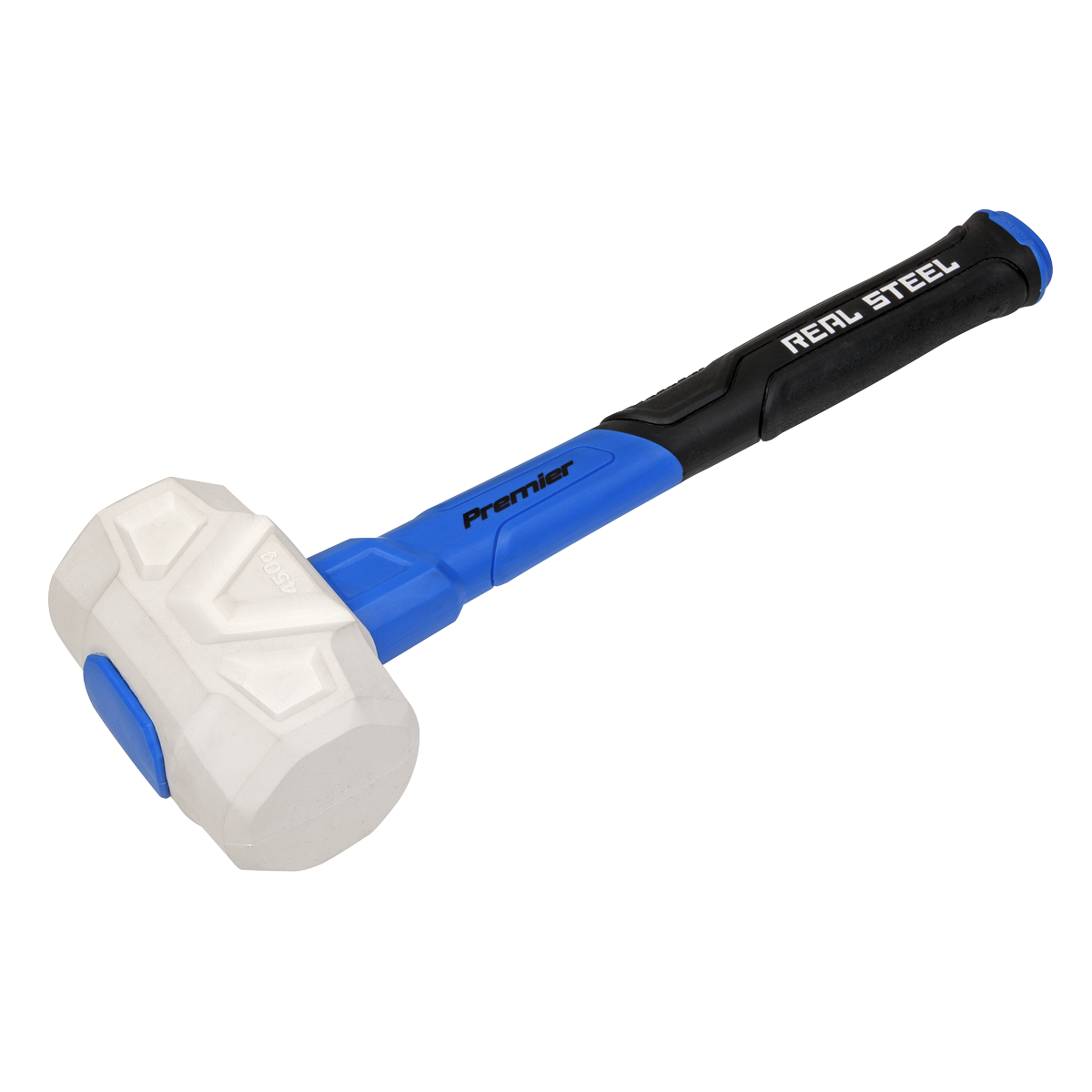 A blue and black Rubber Mallet with Fibreglass Shaft 16oz (RMG16) from Sealey, featuring a non-marking white rubber head with textured grip and an ergonomic handle.