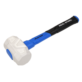 A blue and black Rubber Mallet with Fibreglass Shaft 16oz (RMG16) from Sealey, featuring a non-marking white rubber head with textured grip and an ergonomic handle.