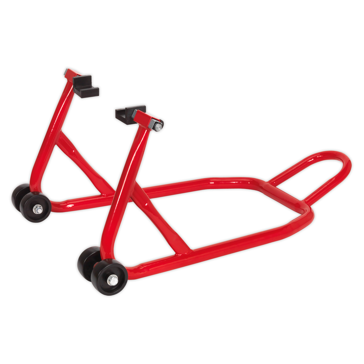 The Sealey Universal Rear Paddock Stand with Rubber Supports - RPS2 is a red motorbike stand equipped with four wheels and a handle, designed to lift the rear wheel of a motorcycle for maintenance and storage. It features adjustable rubber support pads for stability and dual swing arm compatibility.