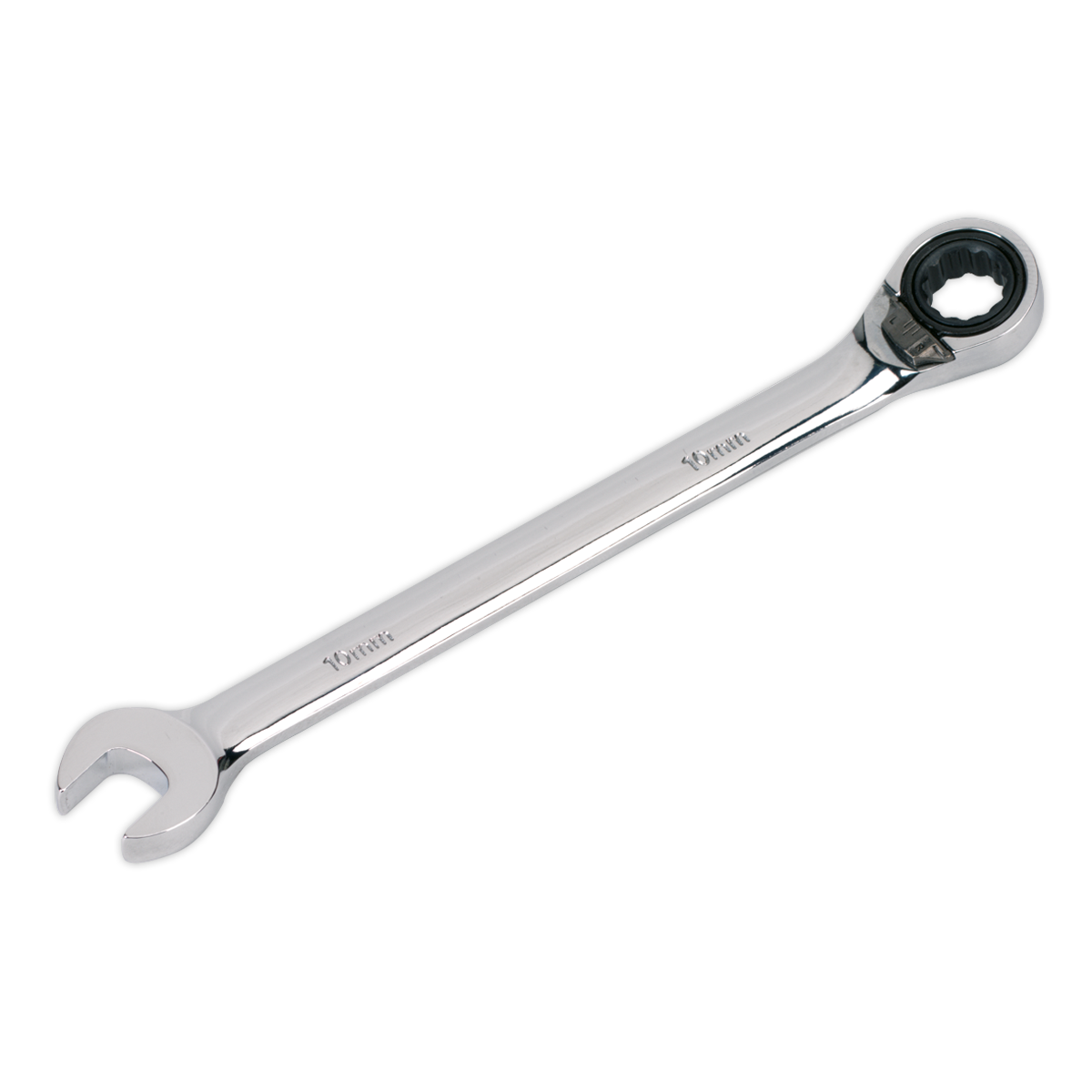 A Sealey Reversible Ratchet Combination Spanner 10mm - RRCW10, featuring an open-end on one side and a 72-Tooth Chrome Molybdenum ratcheting box-end on the other.