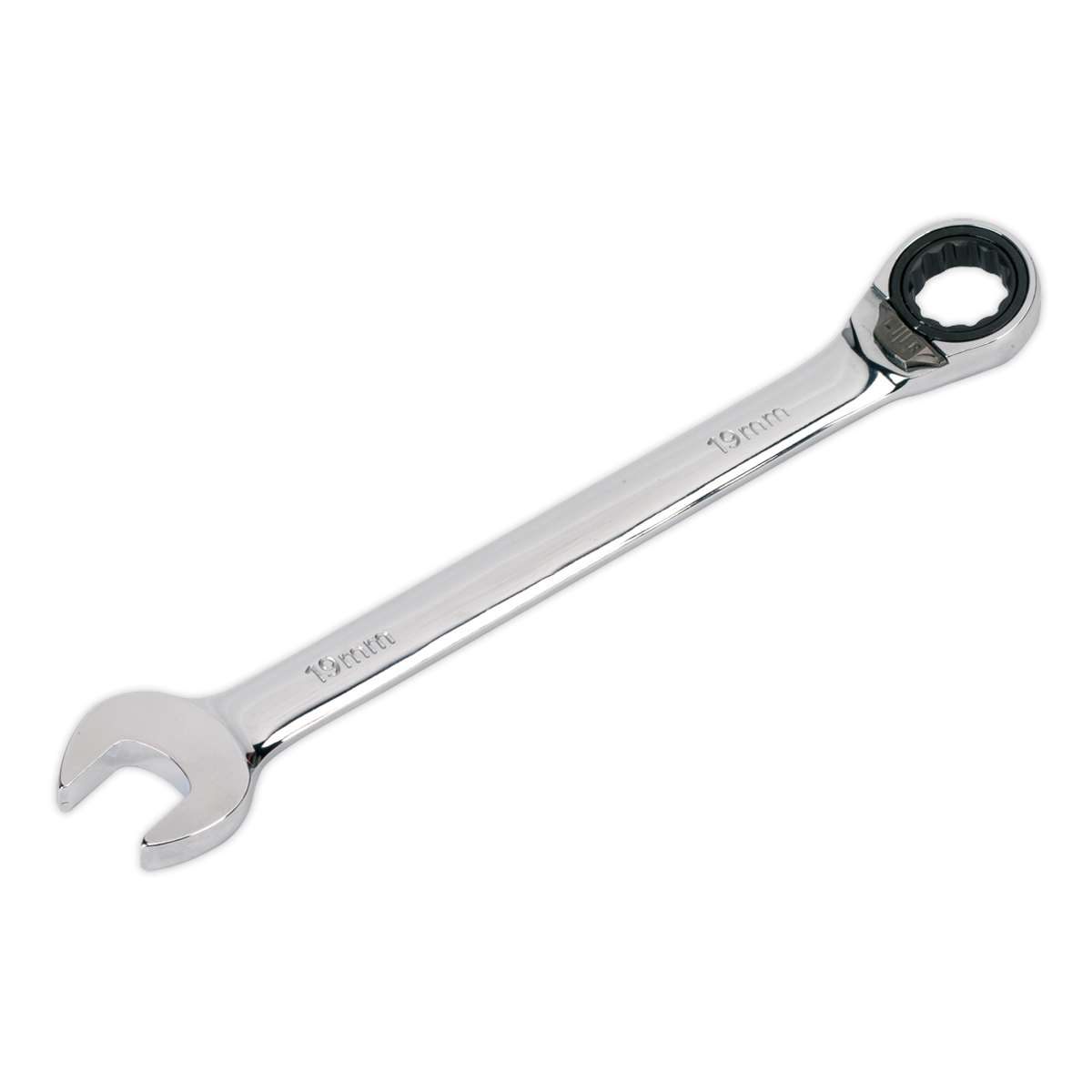 A shiny, Chrome Vanadium steel spanner with an open-end and a 72-Tooth Chrome Molybdenum WallDrive® ratcheting box-end, labeled with "19 mm", represents the excellent quality of Sealey Premier Hand Tools' Reversible Ratchet Combination Spanner.