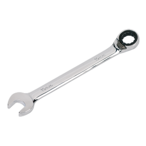 A shiny, Chrome Vanadium steel spanner with an open-end and a 72-Tooth Chrome Molybdenum WallDrive® ratcheting box-end, labeled with "19 mm", represents the excellent quality of Sealey Premier Hand Tools' Reversible Ratchet Combination Spanner.