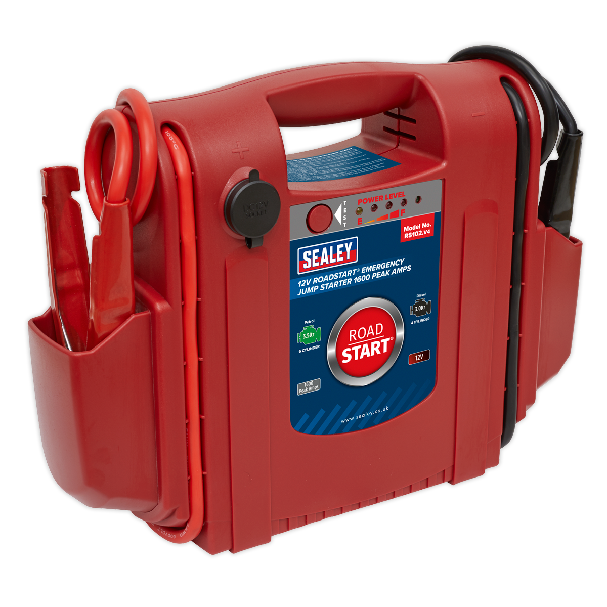 The Sealey RoadStart® Emergency Jump Starter 12V 1600 Peak Amps - RS102, in its vibrant red color, delivers an impressive 1600 Peak Amps, making it perfect for 6-cylinder petrol engines. It comes equipped with a built-in handle, power level indicator, and attached jumper cables.