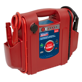 The Sealey RoadStart® Emergency Jump Starter 12V 1600 Peak Amps - RS102, in its vibrant red color, delivers an impressive 1600 Peak Amps, making it perfect for 6-cylinder petrol engines. It comes equipped with a built-in handle, power level indicator, and attached jumper cables.