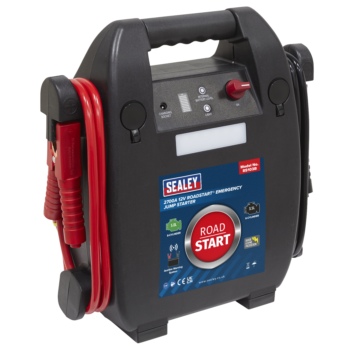 Sealey RoadStart® Emergency Jump Starter 12V 5L 8-Cylinder - RS103B with integrated cables, clamps, and Vehicle Accessory Socket. Featuring a carrying handle and control switch, this powerful jump starter provides ample Starting Power for your needs.