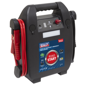 Sealey RoadStart® Emergency Jump Starter 12V 5L 8-Cylinder - RS103B with integrated cables, clamps, and Vehicle Accessory Socket. Featuring a carrying handle and control switch, this powerful jump starter provides ample Starting Power for your needs.