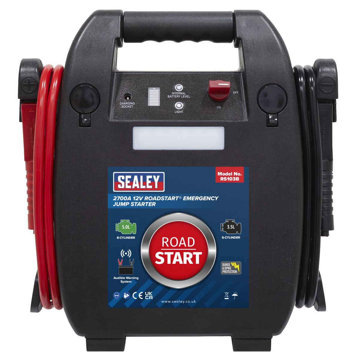 A black Sealey RoadStart® Emergency Jump Starter 12V 5L 8-Cylinder (RS103B) with attached red and black cables, labeled indicators, and impressive starting power.