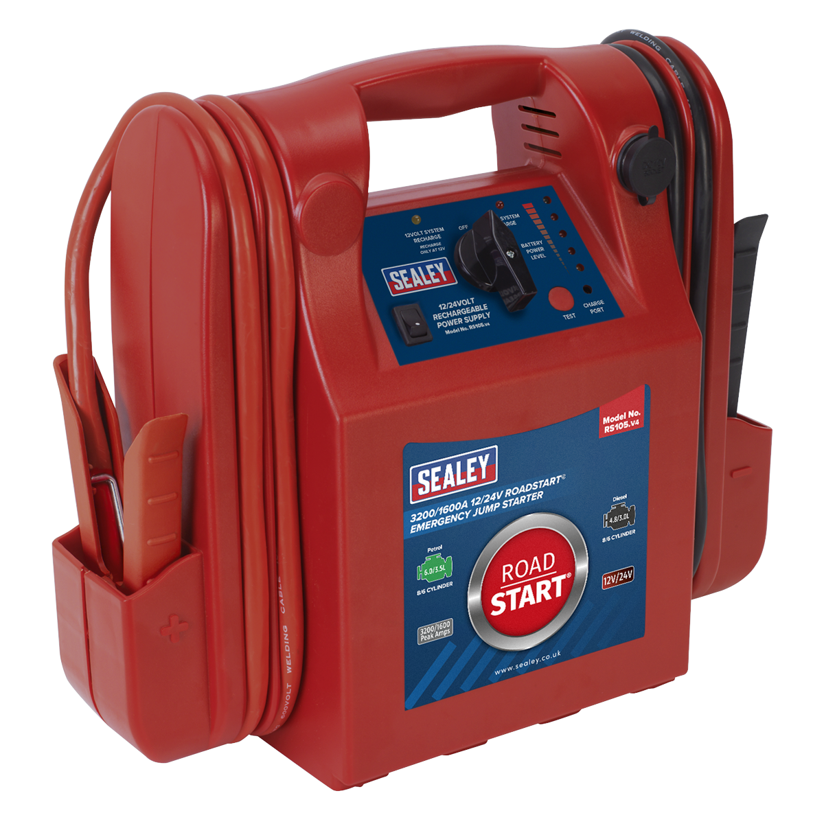 This is the Sealey RoadStart® Emergency Jump Starter 12/24V 3200/1600 Peak Amps - RS105, a red portable emergency jump starter equipped with black cables, a handle, and a control panel featuring LED battery condition indicators. It offers high peak and cranking currents along with a versatile 12V power socket.