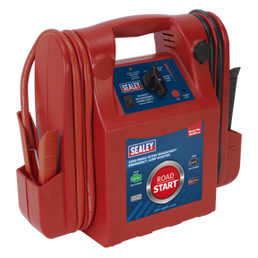 This is the Sealey RoadStart® Emergency Jump Starter 12/24V 3200/1600 Peak Amps - RS105, a red portable emergency jump starter equipped with black cables, a handle, and a control panel featuring LED battery condition indicators. It offers high peak and cranking currents along with a versatile 12V power socket.