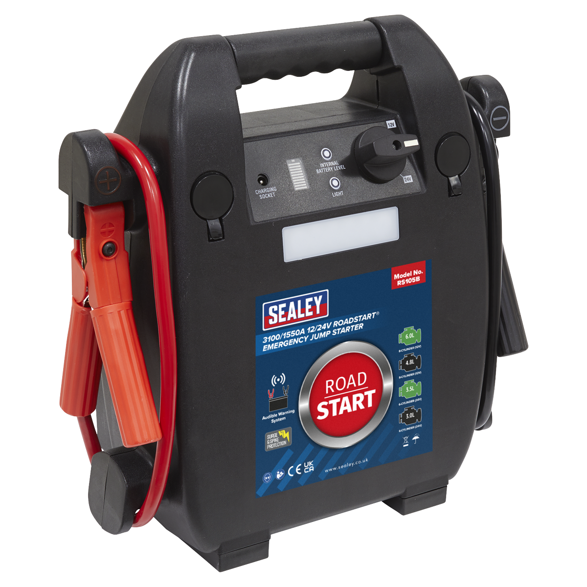 The Sealey RoadStart® Emergency Jump Starter 12/24V 6L 8-Cylinder - RS105B is a portable device equipped with attached red and black cables, various control buttons, and indicators, specifically designed for 12V vehicles. With a peak output of 3100 Amps and reverse polarity protection, it ensures safe and efficient operation during emergency situations.