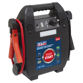 The Sealey RoadStart® Emergency Jump Starter 12/24V 6L 8-Cylinder - RS105B is a portable device equipped with attached red and black cables, various control buttons, and indicators, specifically designed for 12V vehicles. With a peak output of 3100 Amps and reverse polarity protection, it ensures safe and efficient operation during emergency situations.