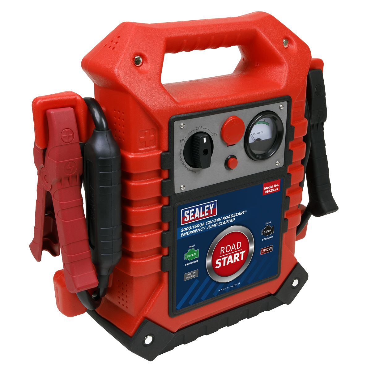 The Sealey RoadStart® Emergency Jump Starter 12/24V 3000/1500 Peak Amps - RS125 is a red portable jump starter featuring a handle. It is equipped with clamps on the side, various dials, indicators on the front panel, and a 12V device socket for added versatility.