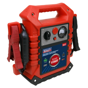 The Sealey RoadStart® Emergency Jump Starter 12/24V 3000/1500 Peak Amps - RS125 is a red portable jump starter featuring a handle. It is equipped with clamps on the side, various dials, indicators on the front panel, and a 12V device socket for added versatility.