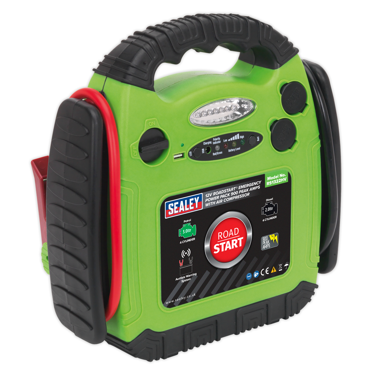 A green Sealey RoadStart® Emergency Jump Starter with Air Compressor 12V 900 Peak Amps, model number RS1322HV, featuring cables, LED battery condition indicator lights, and a control panel.